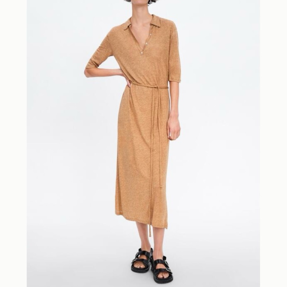 Zara Camel Colored Maxi Dress with Waist tie size small